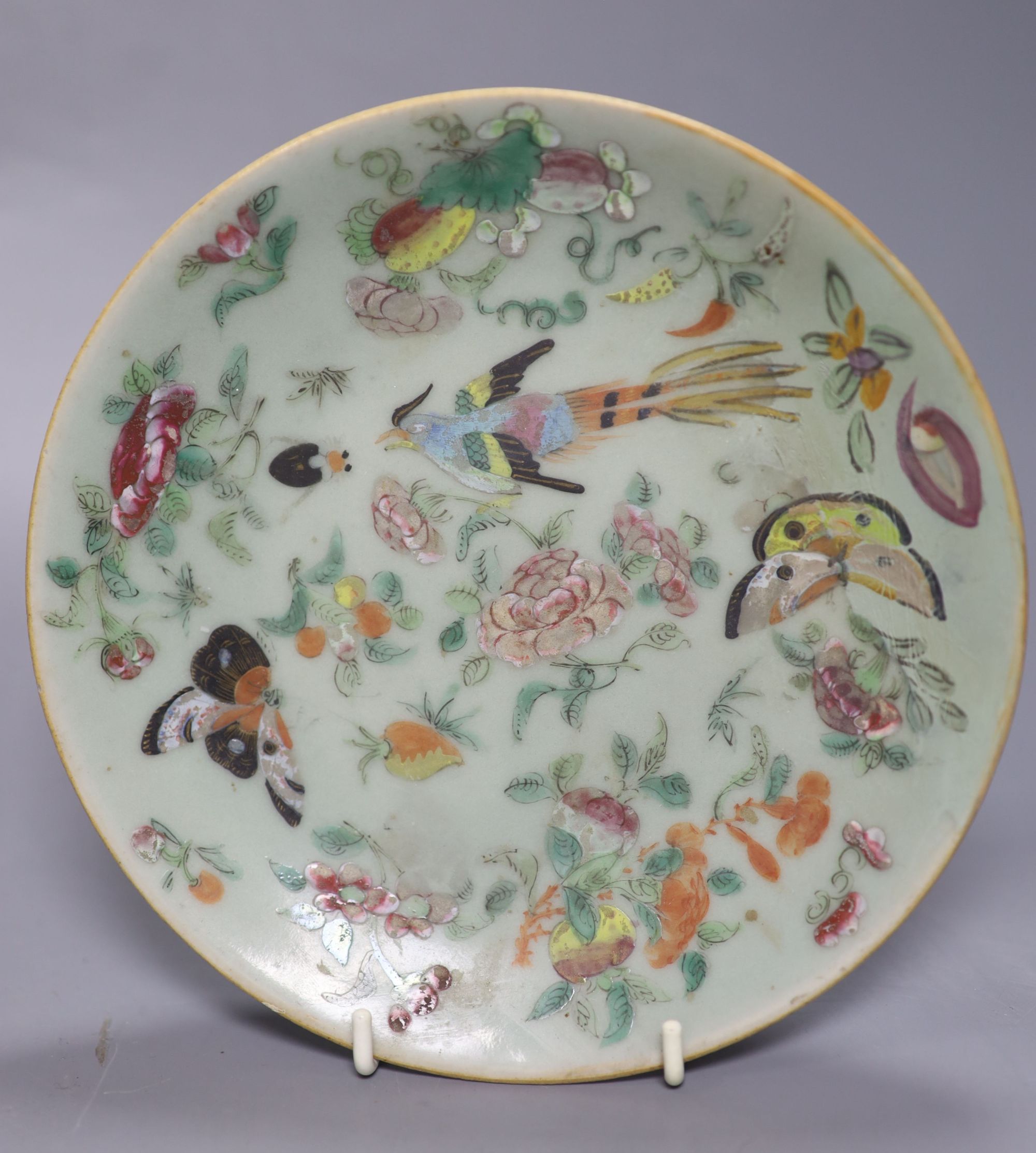 A pair of Cantonese celadon ground dishes, painted with birds and flowers, diameter 19cm, and a pair of Satsuma vases